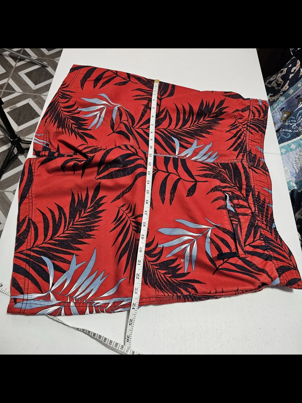 Nautica Red Swim Shorts with Black and Light Blue Tropical Leaf Print Large